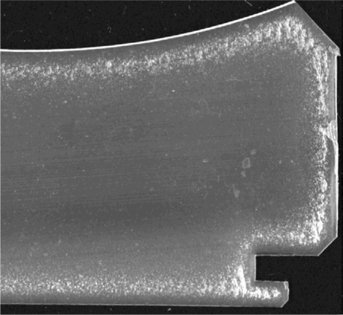 Figure 1. Shelf-aged (7 years) commercial knee UHMWPE component made of GUR 415 (equivalent to today's 1050 GUR) after gamma irradiation in air. Note the sub-surface white band, related to oxidation and material embrittlement.