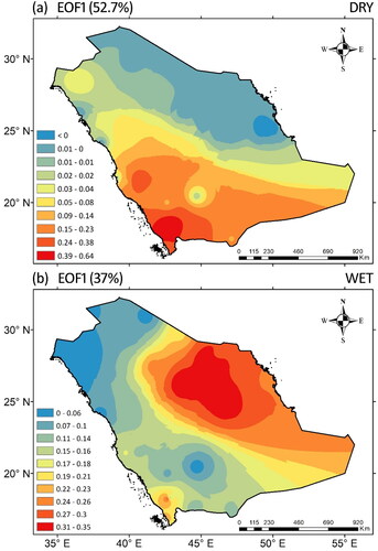 Figure 11. (a) Spatiotemporal distribution of the first leading mode of EOF analysis on the interannual variation of June – September (Dry) rainfall. (b) Same as (a), except for the Wet (November – April) season.