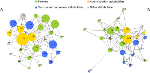 Figure 4. SNA of the trust network of the actors surveyed. F preceding the number indicates a farmer, and O a non-farmer. The size of the nodes in Figure 4(A) indicates the in-degree value of the actor, whereas in Figure 4(B) it indicates the betweenness value given by the other actors in the network (Central actors have the largest values). The colours of the nodes represent the different employment sectors, as reported in the legend. The edges are thicker or thinner according to the average value of trust given by the actors during the survey (26 nodes; 131 links).