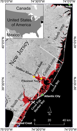 Figure 1. Study area is the New Jersey coastal wetland marshes indicated in red. The northern, central, and southern zones are based on the extent and overlap of synthetic aperture radar (SAR) coverage dates. The National Oceanic and Atmospheric Administration (NOAA) hydrograph and NOAA Jacques Cousteau-National Estuarine Research Reserve System (NERRS) sampling stations are denoted by green and yellow dots, respectively. The background is the COSMO-SkyMed (COSMO) image of 30 August 2011. The white rectangle shows the location of Figure 4.