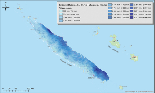 Figure 1. Carte des pluies moyennes interannuelles (Romieux, Citation2011) http://carto.eau.georep.nc/.