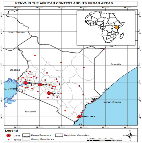 Figure 3. Kenya in the African context and its urban areas.