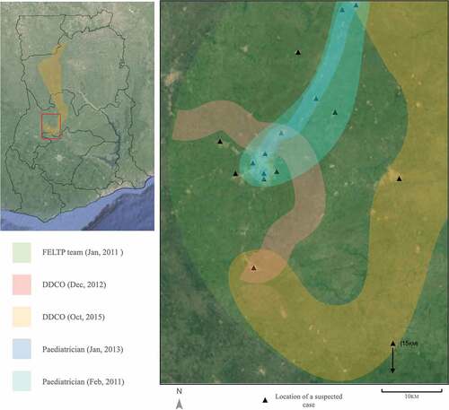 Figure 2. Satellite images of Ghana and the Techiman North District and surrounding areas overlaid with the purported locations of the forest. Satellite images provided by Google Maps 2022.