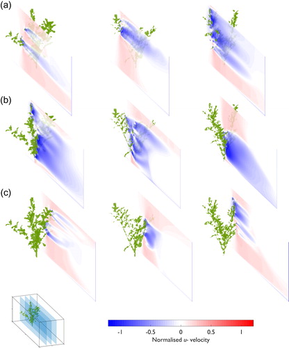 Figure 6. Normalized downstream (u–) velocity field data for Pl1 (column 1), Pl2 (column 2), and Pl3 (column 3). Slices at (a) 0.30 Y/w, (b) 0.50 Y/w, and (c) 0.70 Y/w are shown (see inset diagram for illustration of position in the numerical domain). The three-dimensional position of the plant is marked by the green shaded region.