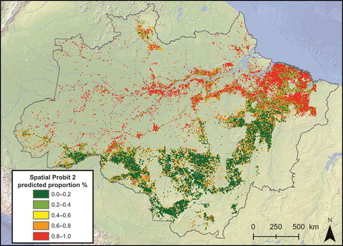 Figure 5. Spatial Probit 2 estimated probability, taken to be the predicted proportion of land abandonment.