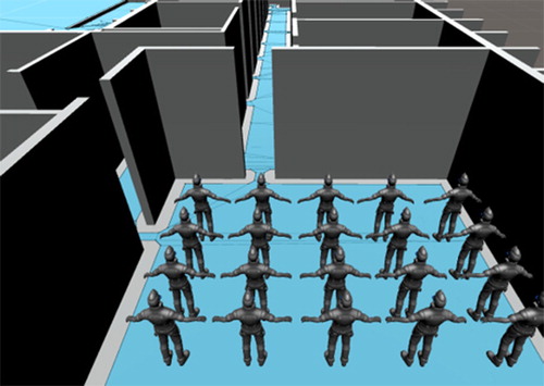 Figure 3. The movement of the AI agents in the simulation is restricted to the navigation mesh (darker grey regions of the floor).