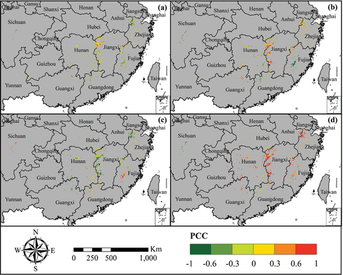 Figure 6. Distribution of the partial correlation coefficients (PCCs) between solar-induced chlorophyll fluorescence (SIF) and annual precipitation (pre) (a), annual mean solar radiation (Rad) (b), annual mean maximum temperature (Tmax) (c), and annual mean minimum temperature (Tmin) (d) for bamboo forests in China from 2008 to 2019.