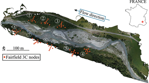 Figure 1. Orthophoto of the studied braided reach of the Séveraisse River (courtesy of Laurent Borgniet, INRAE; used with permission), including the deployed seismometers. INRAE: Institut National de Recherche pour l’Agriculture, l’alimentation et l’Environnement.