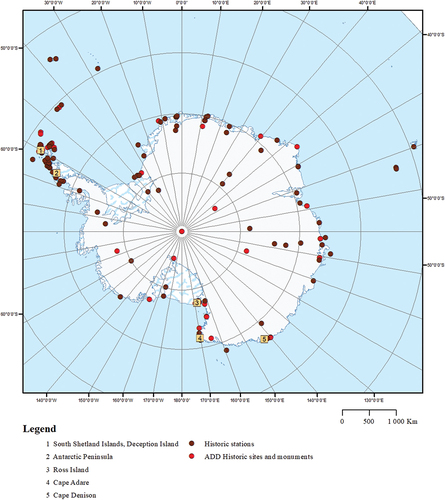 Figure 3. Historic sites and monuments listed in the Scientific Committee on Antarctic Research (SCAR) database (ADD Citation2021) and historic stations (Headland Citation2009) in Antarctica. Map by Alma Thuestad, reproduced with permission.