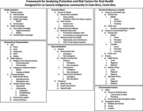 Figure 1. Framework for analyzing protective and risk factors for oral health designed for La Casona Indigenous community in Coto Brus, Costa Rica.