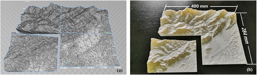 Figure 7. (a) Digital terrain models consisting of 4 submodels for 3D printing, and (b) the physical terrain of the digital models printed by a 3D printer.