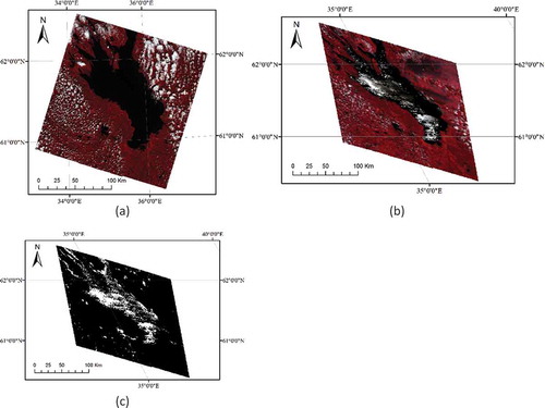 Figure 7. (a) The false colour of Landsat 8 image with path = 182, row = 017 and DOY = 180 (2014). (b) The false colour of MODIS image with h = 19, v = 02 and DOY = 180 (2014). White areas in the lake are due to mirror-reflection of water. (c) The cloud mask in the MOD09GA package that included mirror reflection areas as cloud.