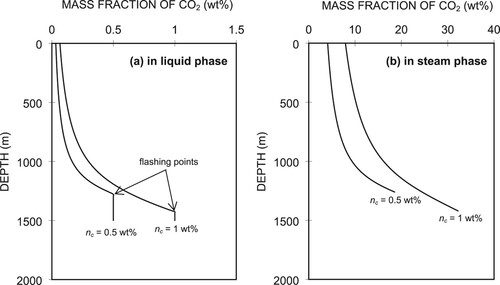 Figure 8. Distribution of CO2 concentrations in liquid (a) and steam (b) phases.