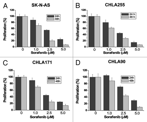 Figure 1. Sorafenib inhibits cell proliferation of human neuroblastoma cells. SK-N-AS (A), CHLA255 (B), CHLA171 (C) and CHLA90 (D) cells were treated with 0, 1.0, 2.5 or 5 µM sorafenib for 24 hours and 48 hours. Cell proliferation was evaluated by MTS assay. Sorafenib inhibits cell growth in all four human neuroblastoma cell lines. Each experiment was performed in triplicate or duplicate and repeated twice independently. Each bar graph represents the mean, and the error bars represent ± SD.