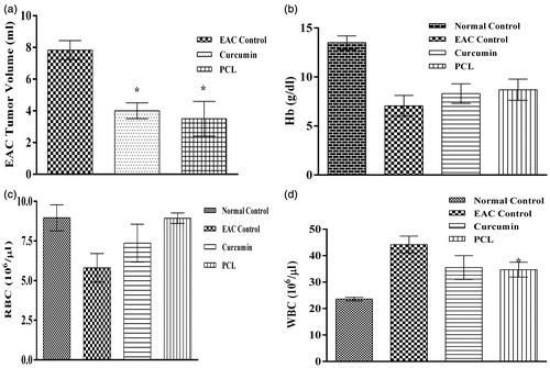 Figure 8. Effect of plain curcumin and curcumin-loaded PCL nanoparticles on hematological parameters (a) tumor volume, (b) hemoglobin level, (c) RBC level and (d) WBC level. *indicates that the treatment with plain curcumin and PCL-curcumin nanoparticles significantly (p-value < 0.05) controlled the proliferation of EAC cells.