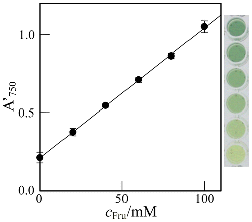 Fig. 4. Plot of the A′750, against cFru in the test solution containing (400 – cFru) mM Glc.Note: Error bar, 95% confidential limit of the mean value (n = 5).