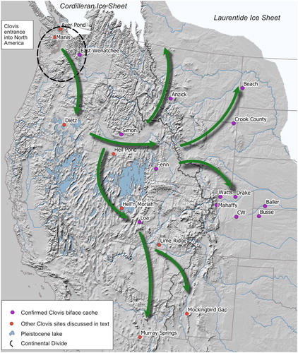 Figure 2 Hypothesized spread of Clovis groups from the Pacific Northwest to the Northern and Southern Plains.