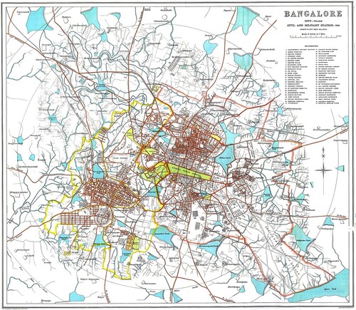 Figure 1. Bangalore in the late nineteenth century. The parkland, Cubbon Park separates the Pettah or Bangalore city on the left from the Cantonment that became the C & M Station. Source: John Bartholomew, available in the Public domain, via Wikimedia Commons.