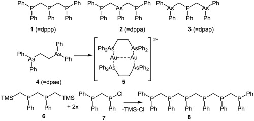 Figure 1. Common polyphosphane and –arsane ligand systems and an example of a dinuclear arsane gold complex. Synthesis of a methylene bridged polyphosphane (8) by a condensation reaction and silyl chloride elimination.