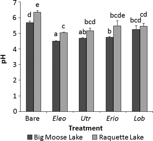 Figure 2. Mean (n = 8; +SE) sediment porewater pH values of samples collected using sediment porewater equilibrators in Big Moose or Raquette substrate in a greenhouse experiment. Eleocharis acicularis (Eleo), U. resupinata (Utr), E. aquaticum (Erio), and L. dortmanna (Lob) were planted in both sediment types, and each sediment type also had a bare sediment treatment. Treatments not sharing letters are significantly different (p < 0.05) as detected by max-t tests.