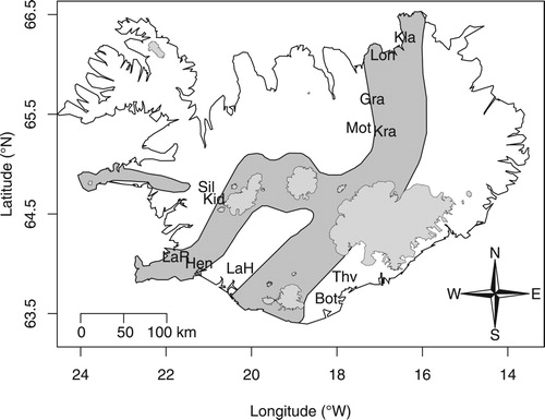 Figure 1. Sampling sites of groundwater springs in Iceland. The volcanic zone is marked in dark grey; glaciers are illustrated in light grey. The sampling sites are displayed as letters and are abbreviated according to Table 1.