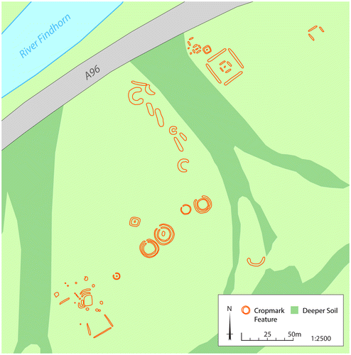 Fig 4 Greshop Farm (Pilmuir), Moray. Greshop was situated along a gravel embankment, south-east of the River Findhorn. A large square barrow with two adjacent smaller barrows were visible as cropmarks and were confirmed by excavation (Dunbar Citation2012). Further cropmark evidence suggests a barrow to the east, another to the north, and a cropmark group to the west comprising what appear to be settlement features, but may also include barrows. Illustration by Juliette Mitchell. Base map © Crown Copyright/database right 2016. An Ordnance Survey/EDINA supplied service.