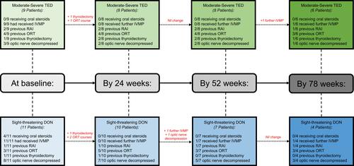 Figure 2 Flowchart demonstrating the treatments received by individuals with moderate-severe TED and those with DON at baseline, 24 weeks, 52 weeks and 78 weeks.