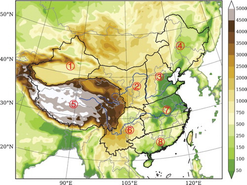 Fig. 1 The WRF model domain and topography (m). The eight sub-regions used in the analysis are identified (1: western part of Northwest China; 2: eastern part of Northwest China; 3: North China; 4: Northeast China; 5: Tibetan Plateau; 6: Southwest China; 7: Yangtze River Valley (middle and lower); 8: South China (includes Hainan and Taiwan islands)).