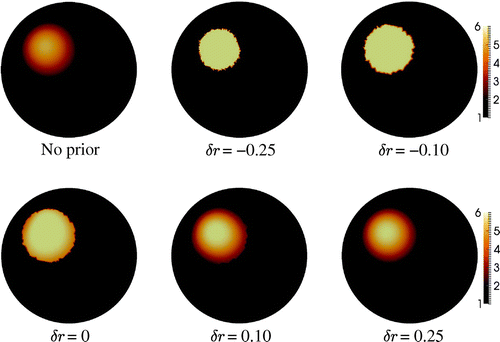 Figure 5. Full data sparse reconstruction of the phantom in Figure 2(a) varying the assumed support given by a dilation δr. The colour bar is truncated at [1,6]. For δr<0, the contrast in the reconstruction is higher than in the phantom.