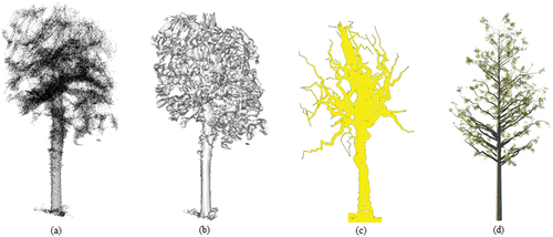 Figure 3. Different representations of 3D data for trees: (a) point cloud, (b) 3D mesh using the Poisson method, (c) parametric quantitative structure model (QSM), and (d) stylistic design-based 3D model drawn using Blender (https://www.blender.org/accessed 12 June 2023).