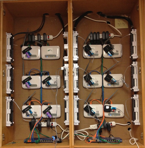 Figure 5. Modified routers with 1-Wire sensor adapters and USB storage.