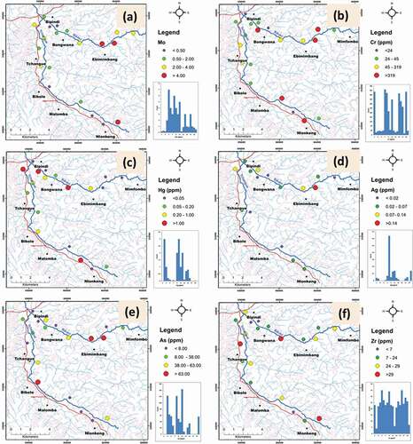 Figure 5. Graduated symbol plot for (a) Mo (ppm), (b) Cr (ppm), (c) Hg (ppm), (d) Ag (ppm), (e) As (ppm) and (f) Zr (ppm) superimposed on the drainage map of the Tchangue – Bikoui drainage area, South Cameroon. High positive scores (large bubbles) indicate locations with anomalous concentrations.