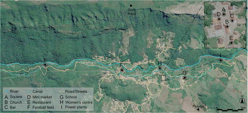 Figure 2. Map of Salto with spatial and built elements highlighted by the author. Base Source: Google maps, 2016