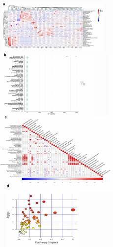 Figure 3. The significant DEMs were discovered and verified in PCOS vs CTRL group. (a) Heatmap clustering represented the significant DEMs. (b) Z score statistical analysis was done for obtaining high-rank DEMs. (c) Pearson correlation coefficient analysis was performed between each DEM. (d) KEGG pathways related to metabolites were presented via bubble plot. Bigger the bubble, higher the involved significant metabolites