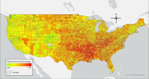 Figure 4. Spatial distribution of physical inactivity percentages in 2018.