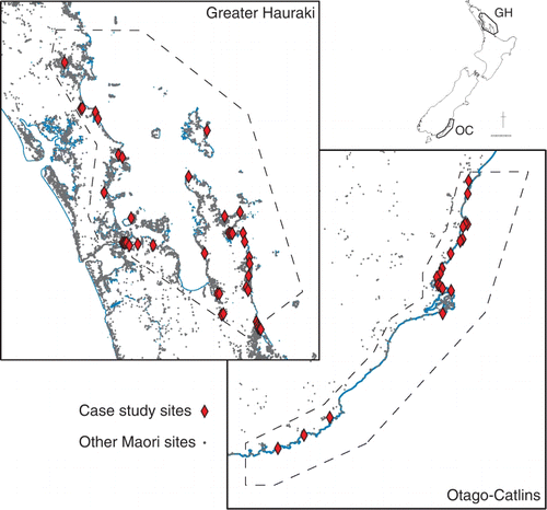 Figure 4  Greater Hauraki and Otago-Catlins study areas showing location of case study sites and other recorded archaeological sites of presumed pre-European age.