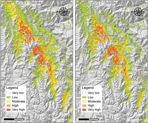 Figure 13. Post-seismic landslide susceptibility calculated by the improved time-variant landslide susceptibility model. (a) 2017–2019, (b) 2019–2020.