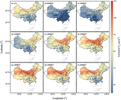 Figure 10. Spatial distribution of average estimated ground-level ozone concentrations for (a) all available data, and (b-i) different diurnal hours (0900 BST-1600 BST).