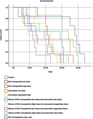 Figure 5 Kaplan – Meier diagram of survival diagram in the groups which used BCc1 nanoparticle orally, and the mixture of BCc1nanoparticle low dose and doxorubicin applicable dose showed higher survival than other groups.Abbreviation: Cum, Cumulative