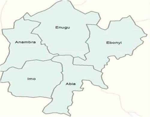Figure 1. Map of southeast region of Nigeria. The states include Abia, Anambra, Ebonyi, Enugu and Imo.
