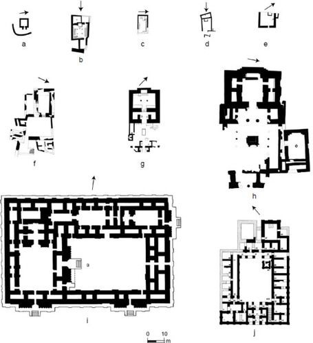 Fig. 2: Sample of Southern Levantine temples mentioned in this study (a–h) and temples from other regions (i–j); note that the spatial complexity of a Mesopotamian (i) and Hittite (j) temple could facilitate many different on-site activities, including production