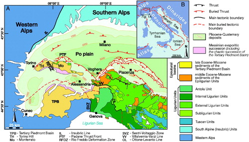 Figure 1. Structural sketch map (A) of the northwestern Italy (modified from Bigi, Cosentino, Parotto, Sartori, & Scandone, Citation1983; Codegone et al., Citation2012; Mosca et al., Citation2010). (B) Location of Figure 1A.