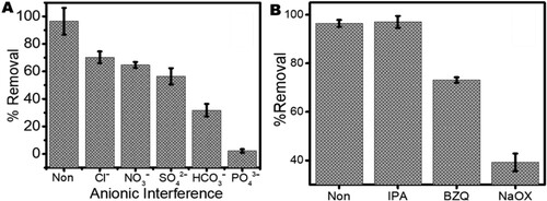 Figure 10. The effect of (A) the presence of inorganic anions and (B) radical scavengers on the photodegradation efficiency of Ampicillin (AMP) molecules in water using ZnWK-5 composite (IPA = isopropyl alcohol, BZQ = benzoquinone and NaOX = sodium oxalate).