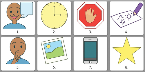 Figure 1. Symbol board with information for the sibling. 1. ”Would you like to talk with me?”, 2. ”We will talk as long as you want to”, 3. ”Feel free to say ”stop” at any time”, 4. ”If you like, you can do an activity while we talk”, 5. ”What you say will be kept private”, 6. ”You can show a thing/picture to make me understand”, 7. ”I must use a tape recorder to remember what you tell me”, 8. You are the expert. There are no wrong answers.”