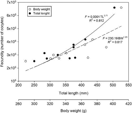 Figure 7 Relation between potential fecundity and total length (mm) and the body weight (g) of Mugil curema from Santos estuary and the Cananéia-Iguape coastal system, coast of SP state.