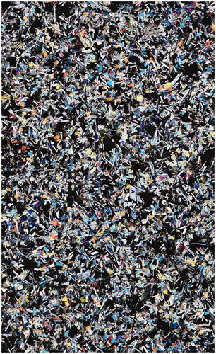 Figure 20. Early stages of arc development: widespread eruptions of low-K–Ti basalt and boninite charaterise the early igneous activity of the Izu–Bonin–Mariana island arc. Thin-section (crossed polars) of a ca 49 Ma-old basalt recovered by Expedition 351 from Layer 2 of the oceanic crust forming the basement of the arc, with microcrystalline clinopyroxene and plagioclase (field of view 3 cm). Site U1438, at 74 R-1, 5–8 cm (Arculus et al., Citation2015).