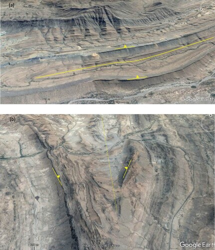 Figure 6. (a) Visualization and re-orientation of the fold limbs, using Google Earth, for the selected area in Figure 4 revealed the overturned syncline fold; (b) Asymmetric syncline fold, the eastern limb of the steep slope, and the western limb of the gentle slope toward the inner part (marked in blue polygon in Figure 4(d)).