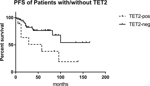 Figure 4 EFS of patients with/without TET2 mutation. In Kaplan-Meier analysis, the EFS of patients with TET2 mutation was significantly lower than those without (P=0.039).