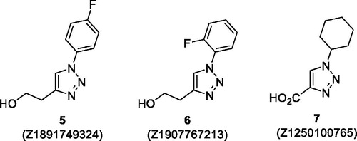 Figure 6. Three 1,2,3-triazole fragment hits discovered in this study (Enamine Ltd. Z-numbers are shown to aid in identifying these compounds in the Supplementary Material).