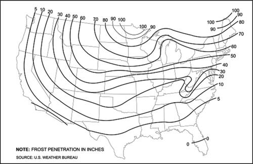 Fig. A1. Frost line depth in inches around the U.S. (Source: U.S. Weather Bureau).